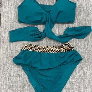 SHEIN Blue and Gold Bikini with Glamorous Details